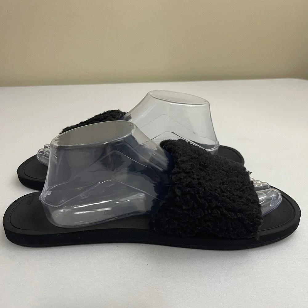 Michael Kors Black Fuzzy Faux Fur MK Logo Slides Sandals Slip On Adjustable READ